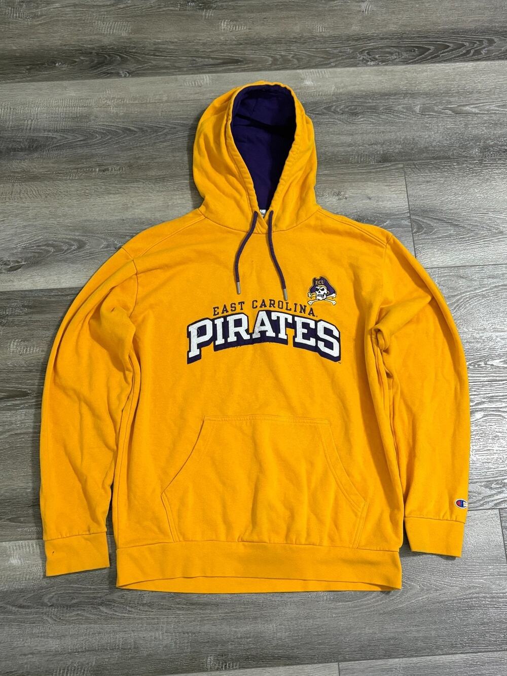 Champion East Carolina Pirates ECU Spellout Yellow Hoodie Retro - Men’s Large